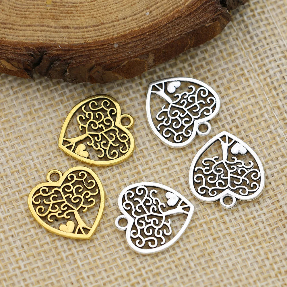 10Pcs Antique Silver Plated Tree of life Heart Charm Pendants Jewelry Accessories Making Bracelet DIY 18X16mm
