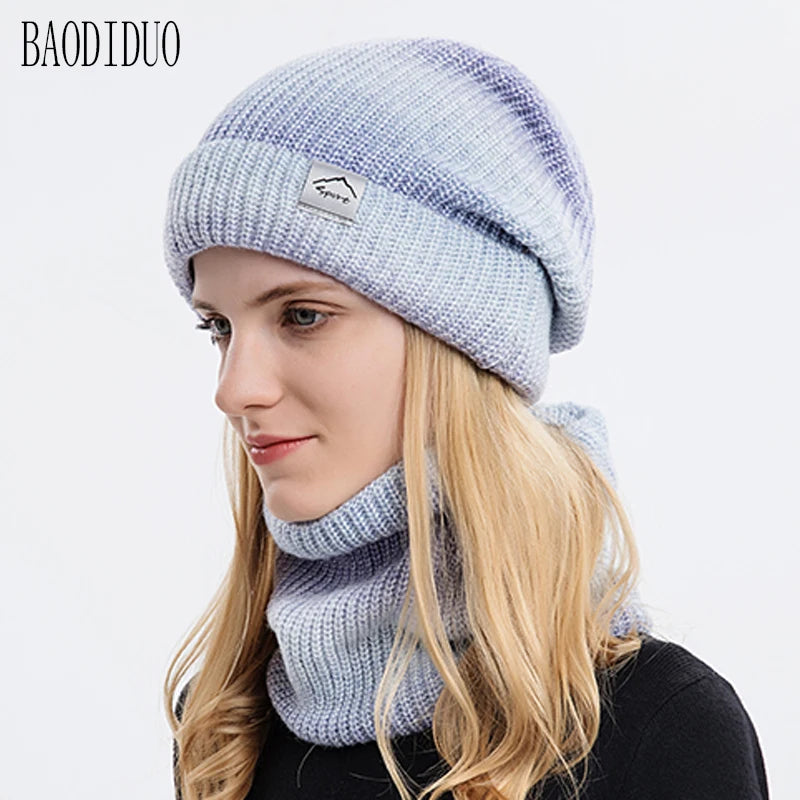 Xinbaoguan 60% acrylic 9859 Korean version gradient color thickened warm ear protection and cold proof knitted hat two-piece set
