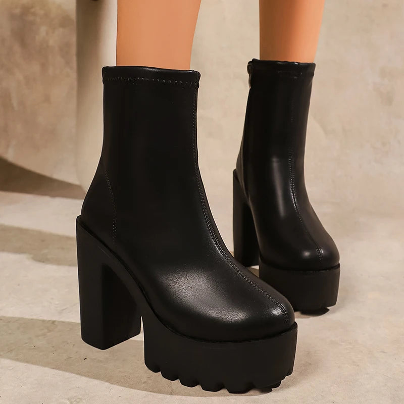 Black Chunky High Heels Boots for Women Plus Size 43 Zipper Thick Heel Ankle Boots Woman 2026 Platform Punk Gothic Botas Mujer
