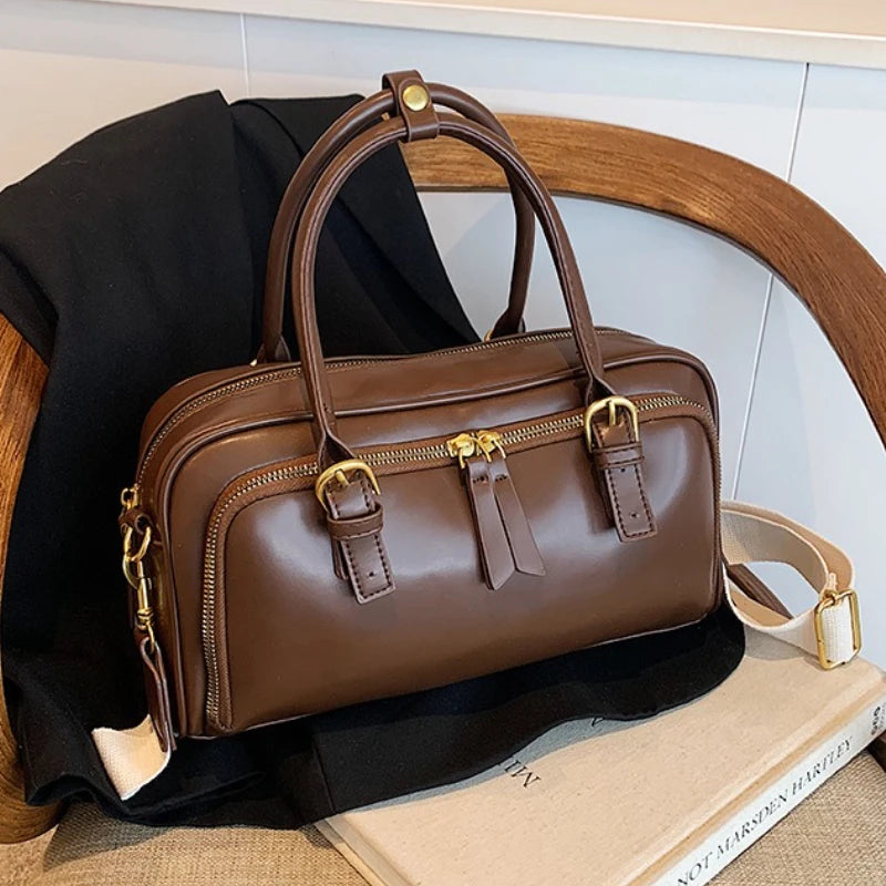 Vintage Handbags for Women Pu Leather Tote Bags 2026 Y2K Ladies Shoulder Bag Large Capacity Commute Wide Strap Crossbody Bag