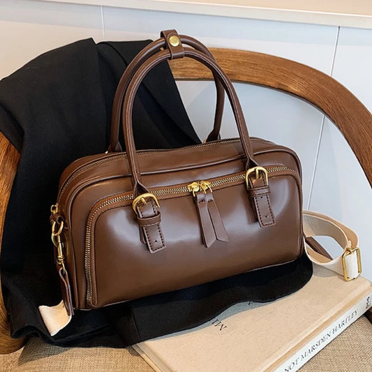 Vintage Handbags for Women Pu Leather Tote Bags 2026 Y2K Ladies Shoulder Bag Large Capacity Commute Wide Strap Crossbody Bag