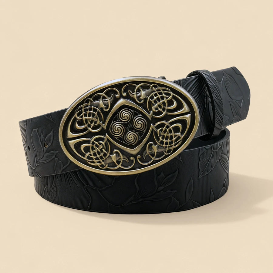 Vintage Celtic Knot Buckle Leather Belt - Embossed Brown/Black Fashion Waist Strap for Men & Women