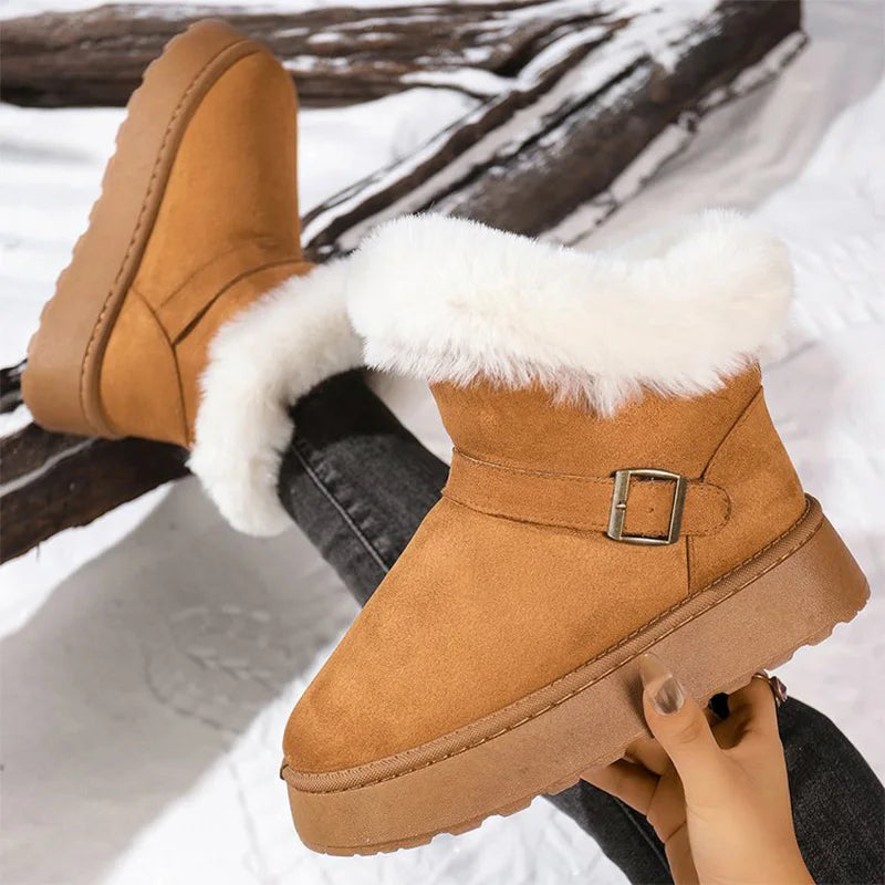 Furry Thick Warm Snow Boots Women Retro Buckle Detor Slip On Snow Boots Woman Winter Yellow Brown Platform Booties Female