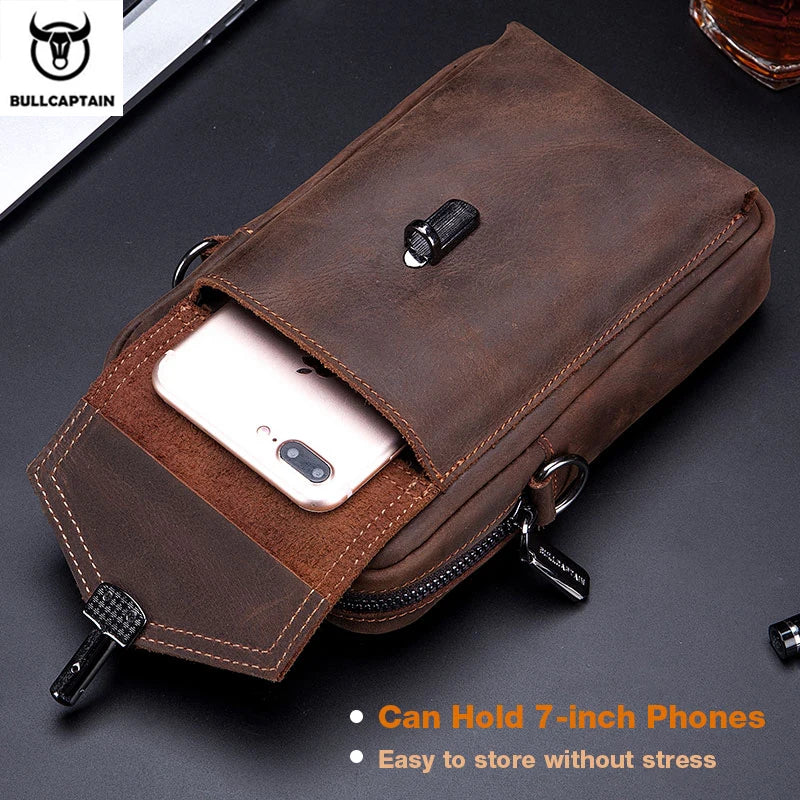 BULLCAPTAIN Crazy Horse Leather Men's Waist Bags Multifunctional 7-inch Mobile Phone Bag Bag Male Shoulder Messenger Bages Brown