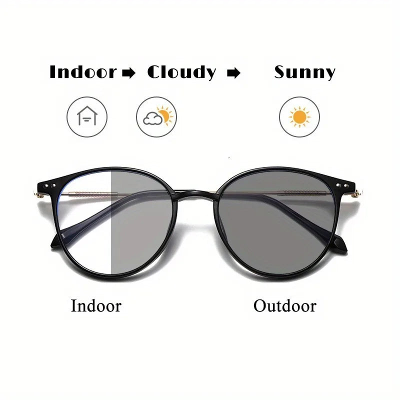Photochromic Outdoor Fashion Glasses  Unisex Stylish Round Frame with Metal Hinges Transition Lenses for Indoor & Outdoor Use