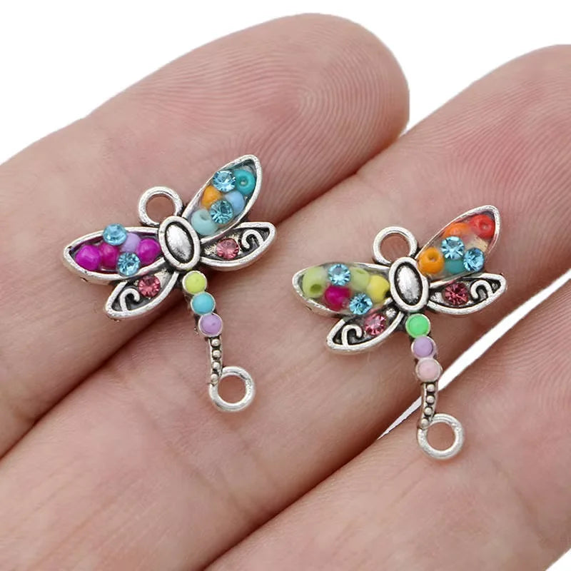 10Pcs Silver Plated Crystal Dragonfly Charm Connector for Making Bracelet DIY Findings Jewelry Accessories Handmade Craft