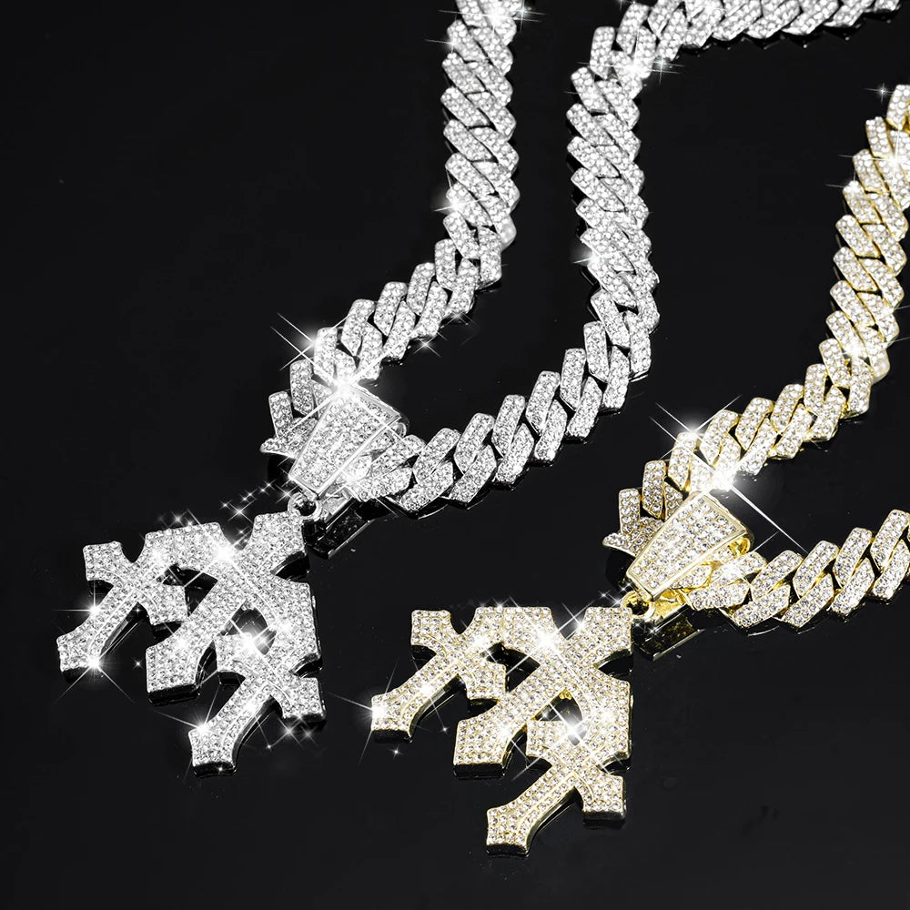 2026 New Men's Iced out Stacked Crosses Pendant Necklace Hip Hop Jewelry with exaggeration 13mm Cuban Chain Rhinestone Gift