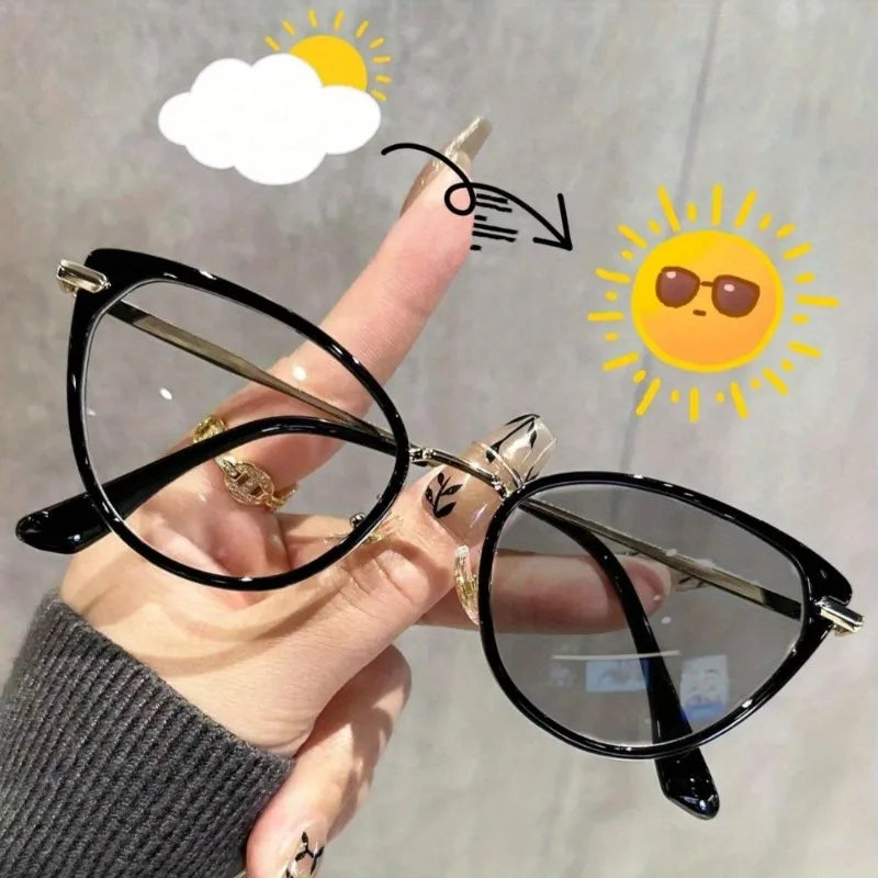 Color Changing Lenses Transparent To Grey Fashionable Cat Eye Transparent Lenses Women's Glasses Anti Blue Light