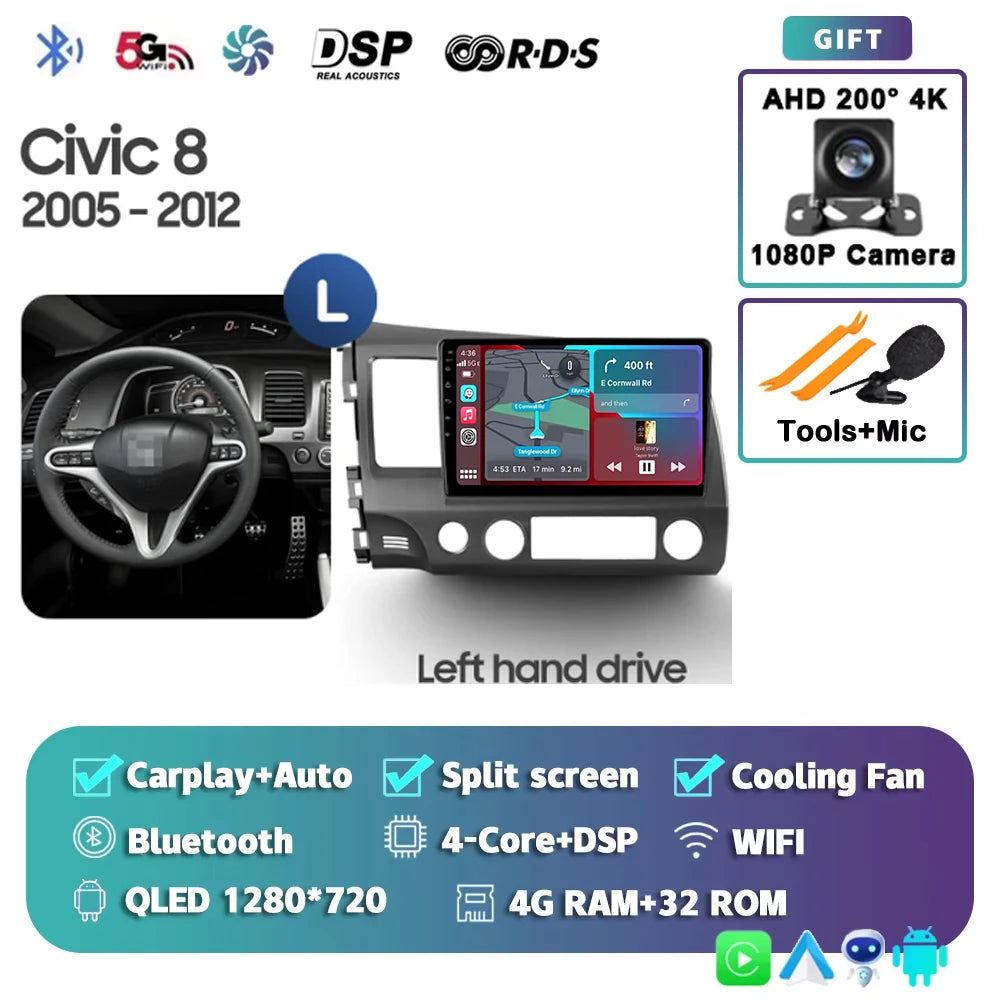 For Honda Civic 8 2005 - 2012 Android 15 Carplay Auto 4G WIFI Car Radio Multimedia Stereo Video Player GPS Navigation Plug and P