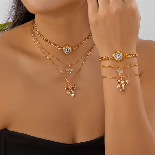 Vintage Punk Gold Plated Thick Chain Bow Heart Pendant Necklace For Women Fashion Multilyer Geometric Neck Chain Hip Hop Jewelry