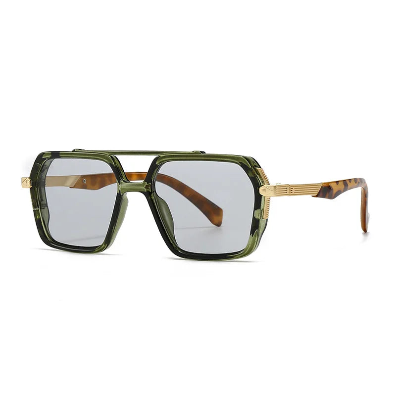 JNPCXI Ins Popular Fashion Double Bridges Square Sunglasses Women Retro Rivets Green Green Men Punk Sun Glasses Shades UV400