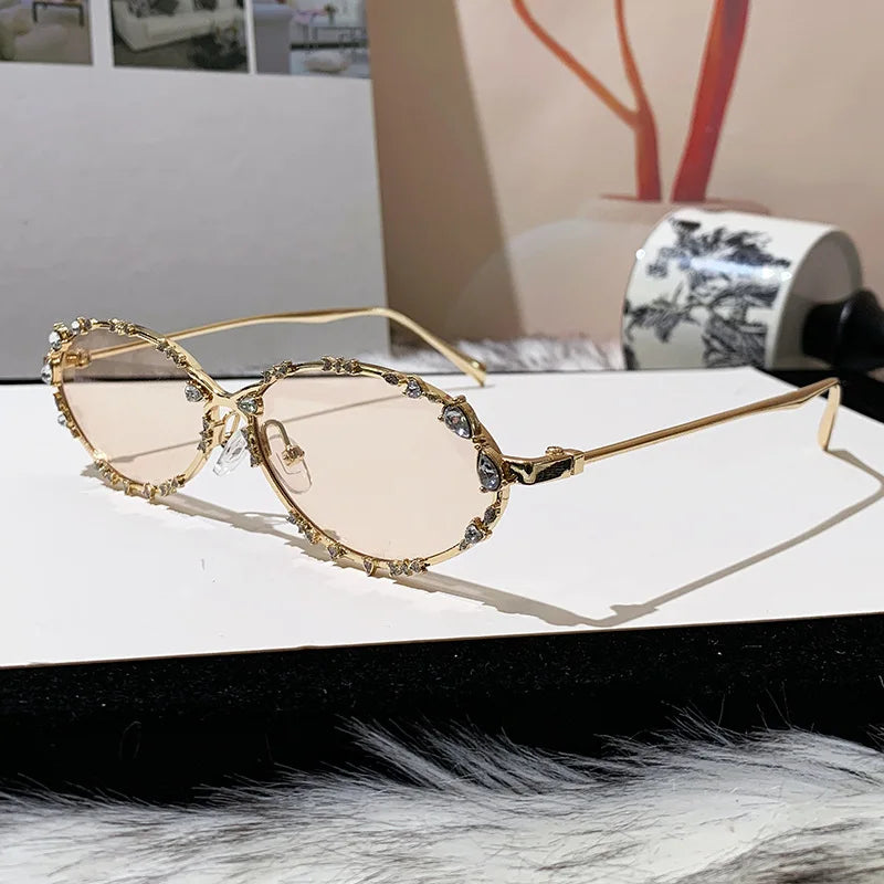 JNPCXI Retro Oval Punk Diamond Women Sunglasses Fashion Silver Shades UV400 Men Trending Sun Glasses