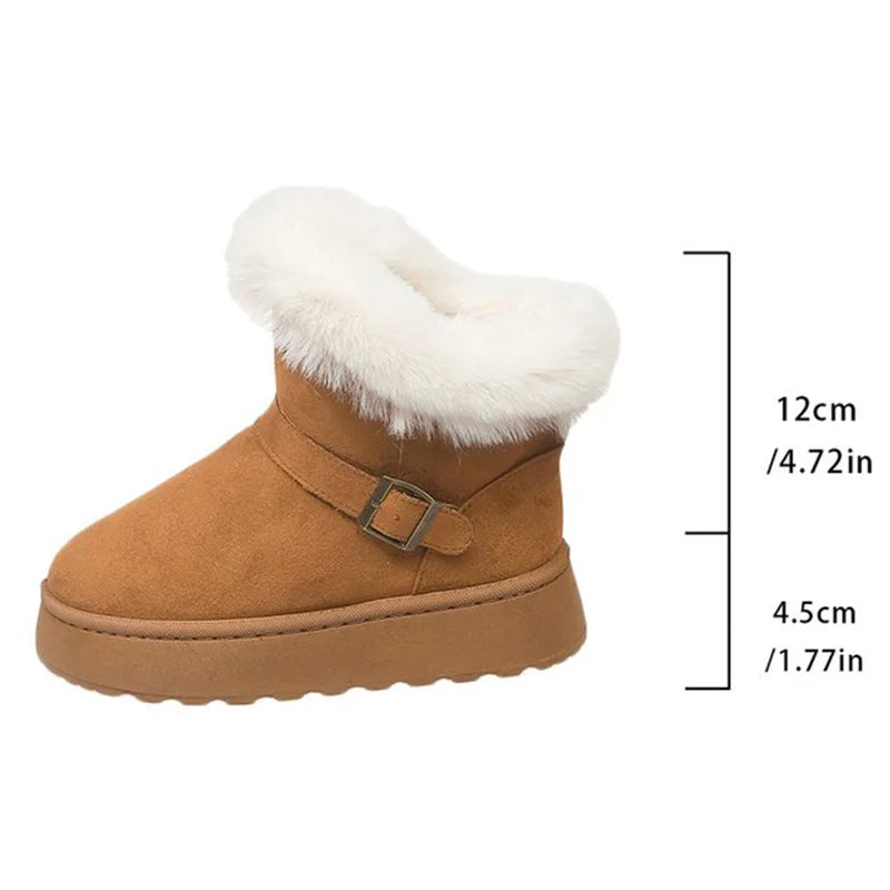 Furry Thick Warm Snow Boots Women Retro Buckle Detor Slip On Snow Boots Woman Winter Yellow Brown Platform Booties Female