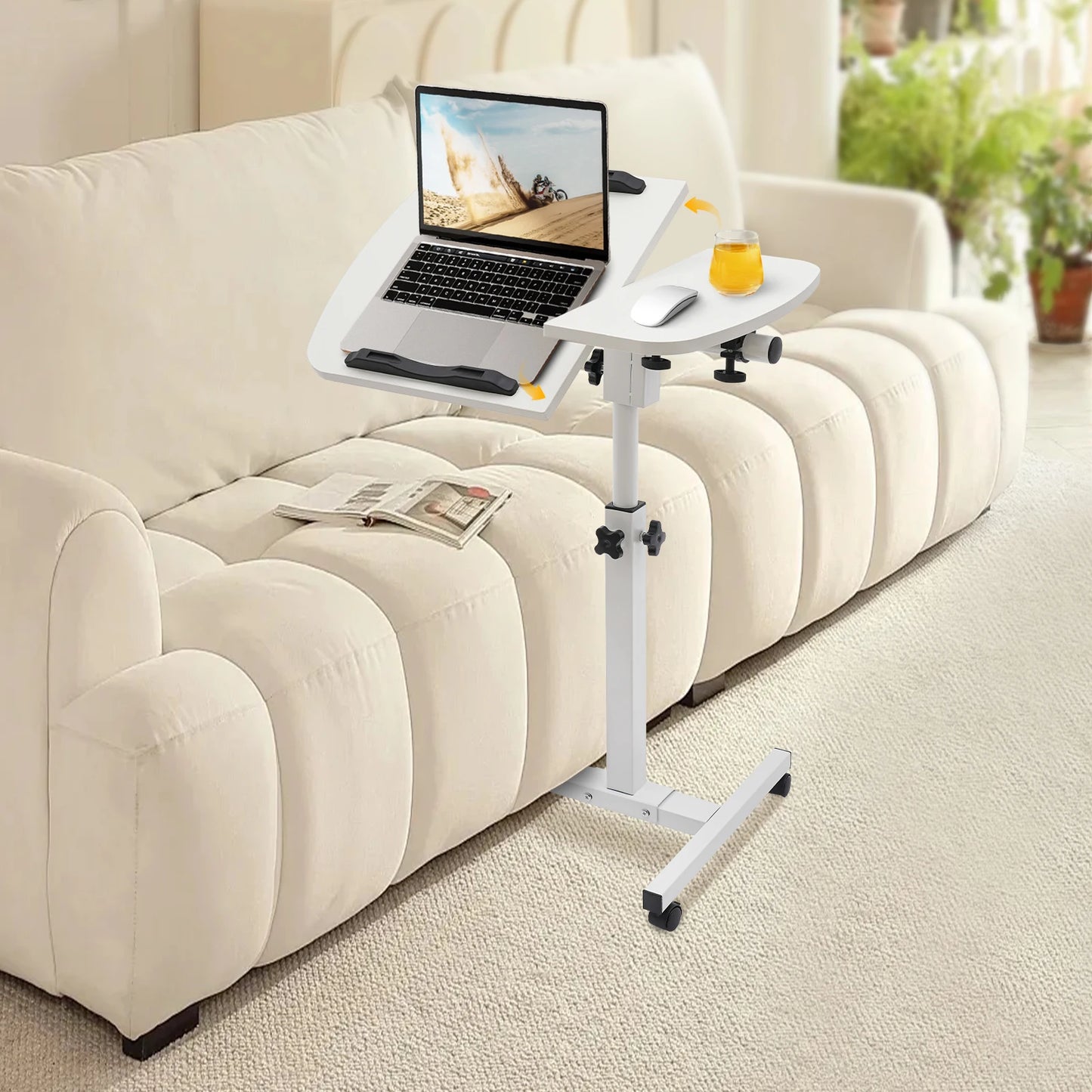 White Carbon Steel Adjustable Laptop Desk Stand With 360° Swivel Wheels w/Brakes