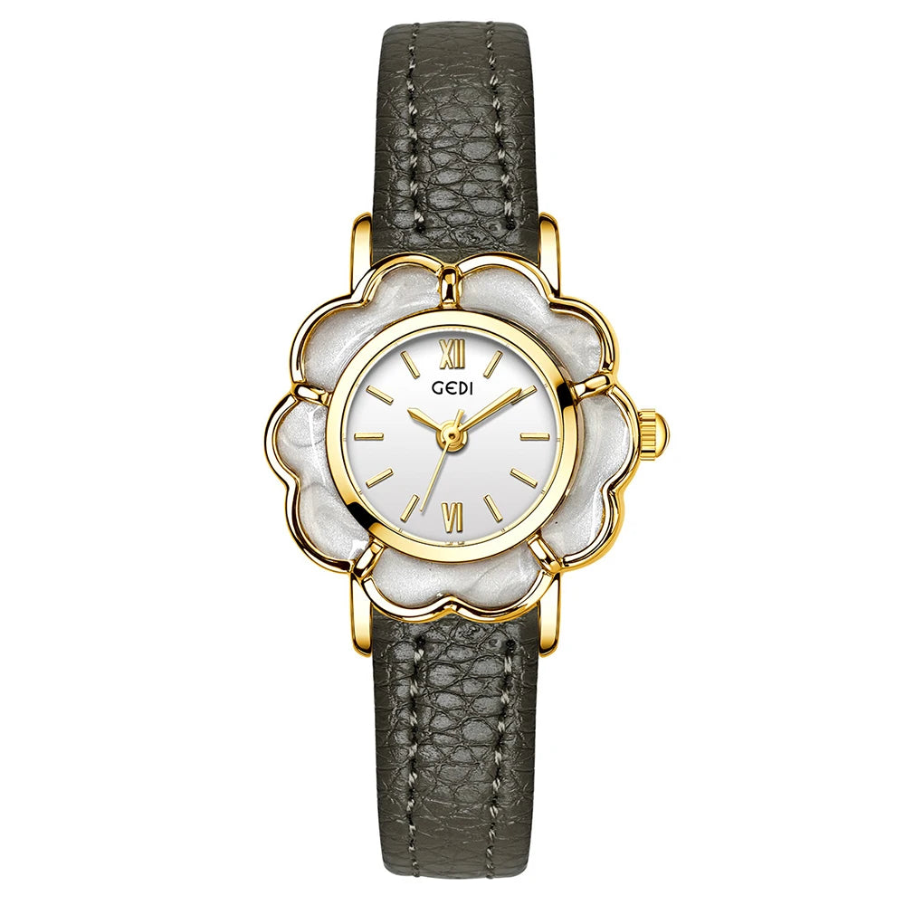 GEDI Fashion Ladies Small Watches Flower Dial Niche Minimalist Exquisite Vintage Leather Strap Quartz Watch Woman