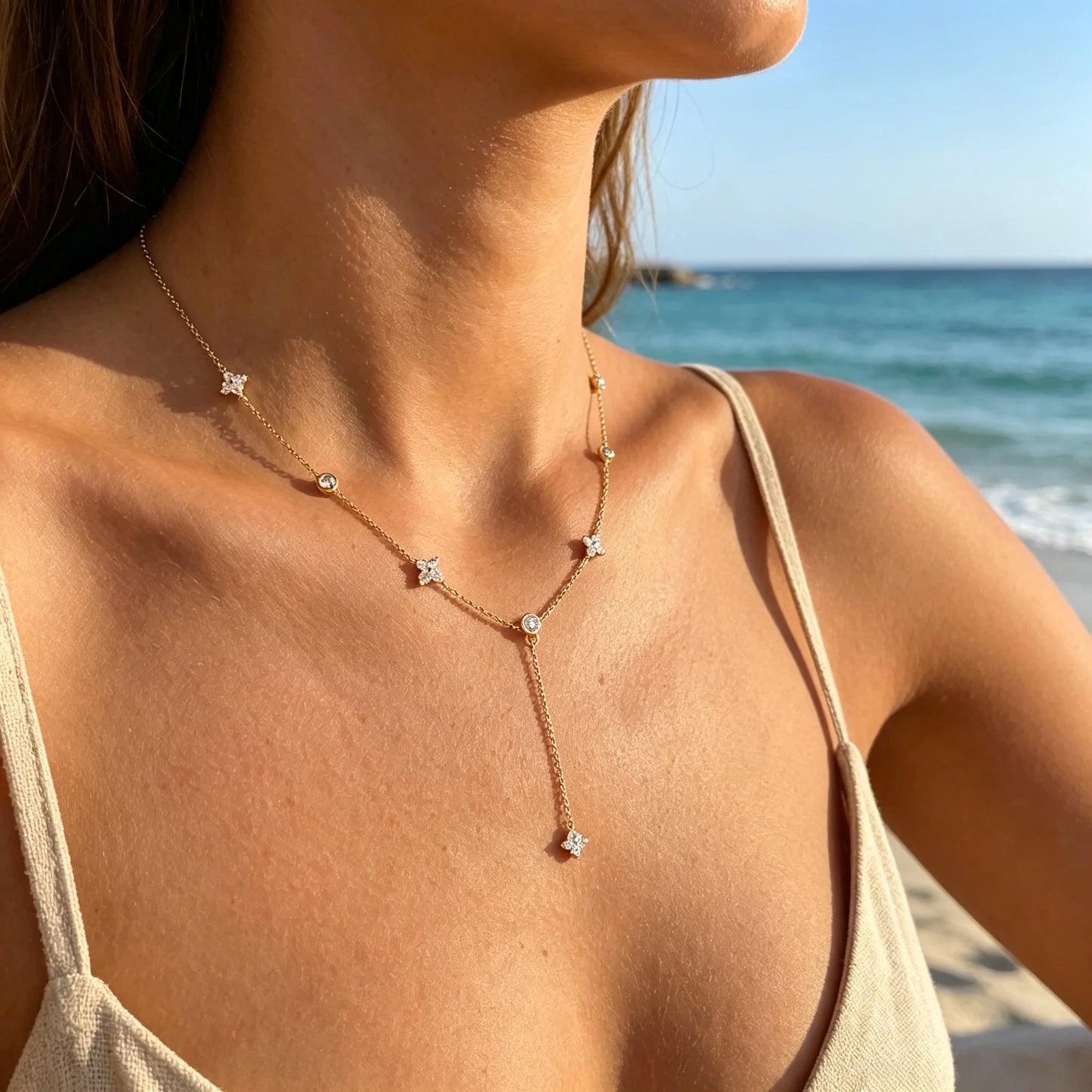 Delicate Flower Micro Pave Cubic Zirconia Necklace Starry Sky Pendant for Women Minimalist Dainty Gold Tone Layered Jewelry Gift