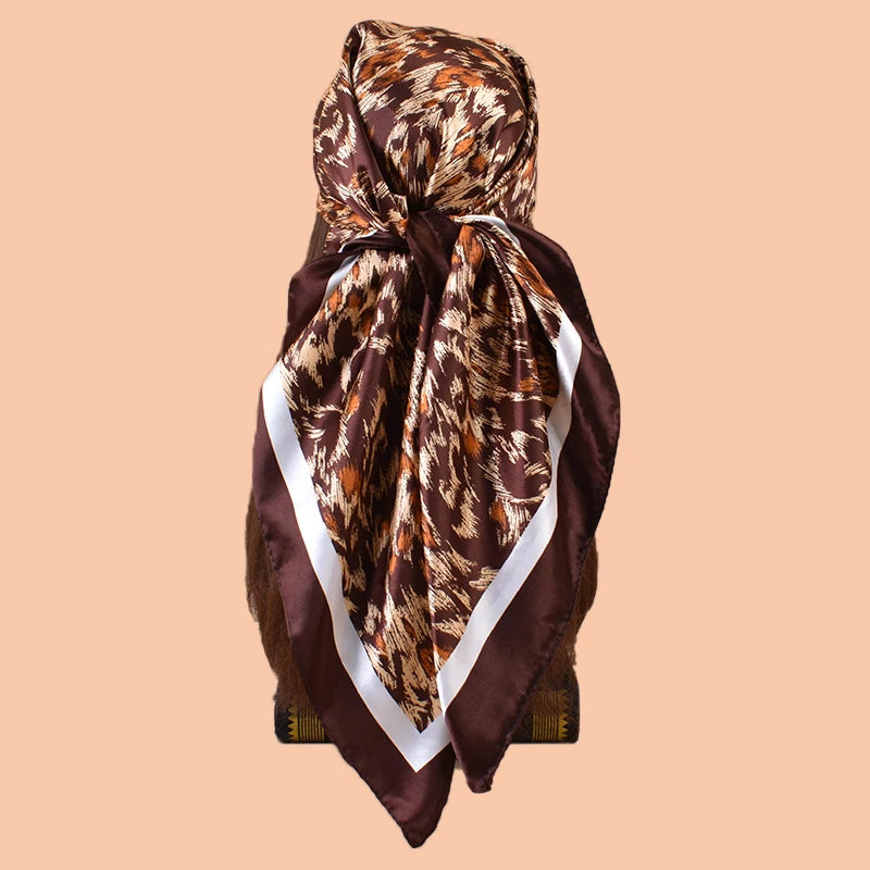 1 pc Women's Large Square Scarf with Leopard Print, Fashionable Silk Scarf, Versatile and Casual