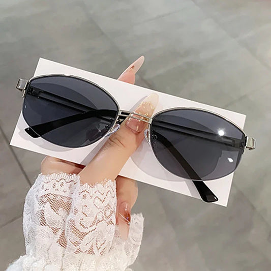 JNPCXI New Ins Popular Fashion Oval Sunglasses Women Vintage Semi-Rimless Clear Ocean Lens Shades UV400 Eyewear Men Sun Glasses