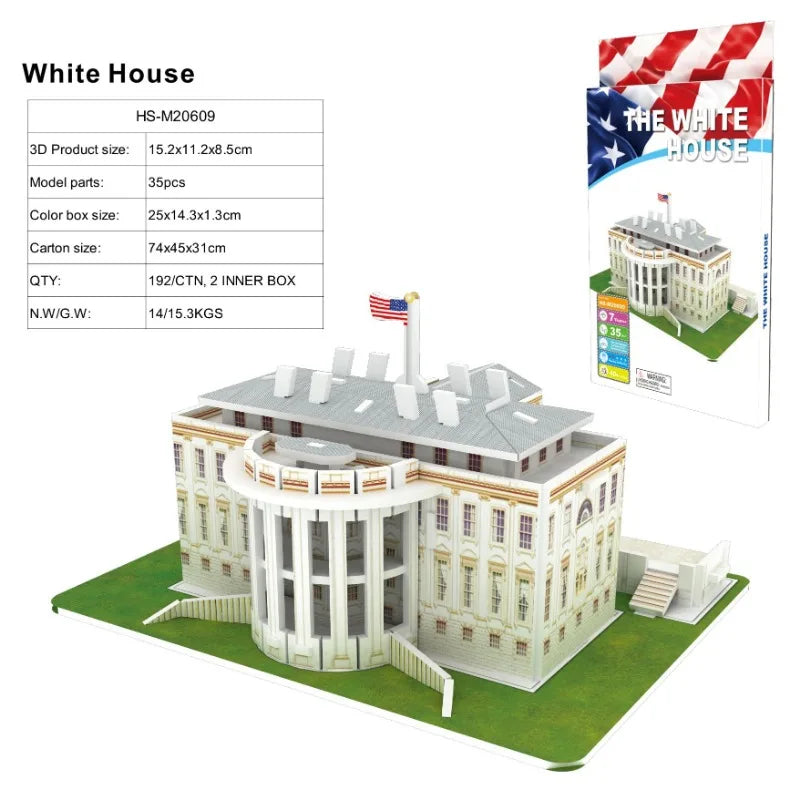 3D World-famous Architectural Puzzle Big Ben Pisa Tower White House Kindergarden Toy Children Classroom Handmade Gifts Jigsaw