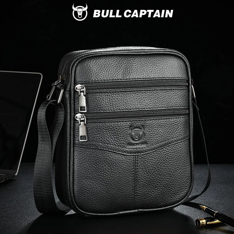 BULLCAPTAIN Men's Shoulder Bag Genuine Leather Casual Business Leather Bag Multifunctional 7.9-inch Flat Panel Postman Bag
