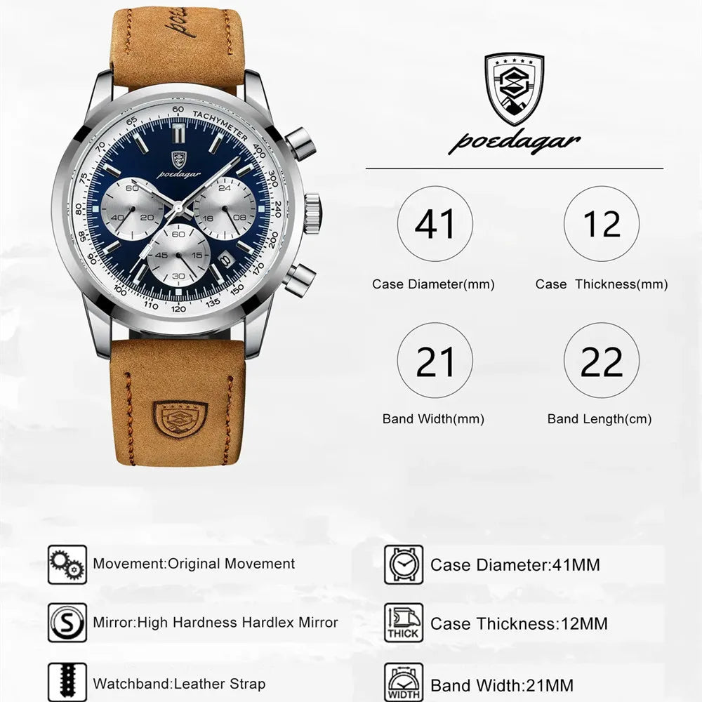Silver Blue POEDAGAR Luxury Waterproof Chronograph Men Leather Quartz Wristwatch