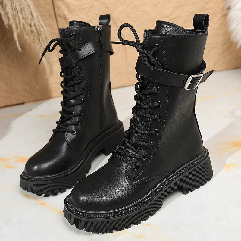 Fashion Buckle Platform Mid Calf Boots Women Lace Up Punk Motorcycle Boots Woman Autumn Winter Thick Sole Pu Leather Botas 35-42