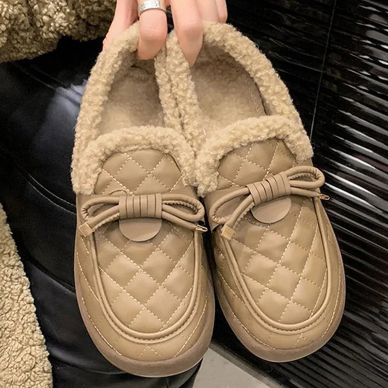 Pu Leather Snow Boots for Women 2025 Winter Korean Bowknot Detor Plush Booties for Woman Non Slip Keep Warm Snow Boots Lady