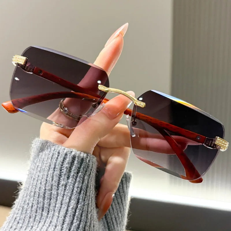 Fashionable Frameless Sunglasses with Ocean Panels, Trimmed Wood Grain, Leg Frames, Retro Men's and Women's Sunglasses