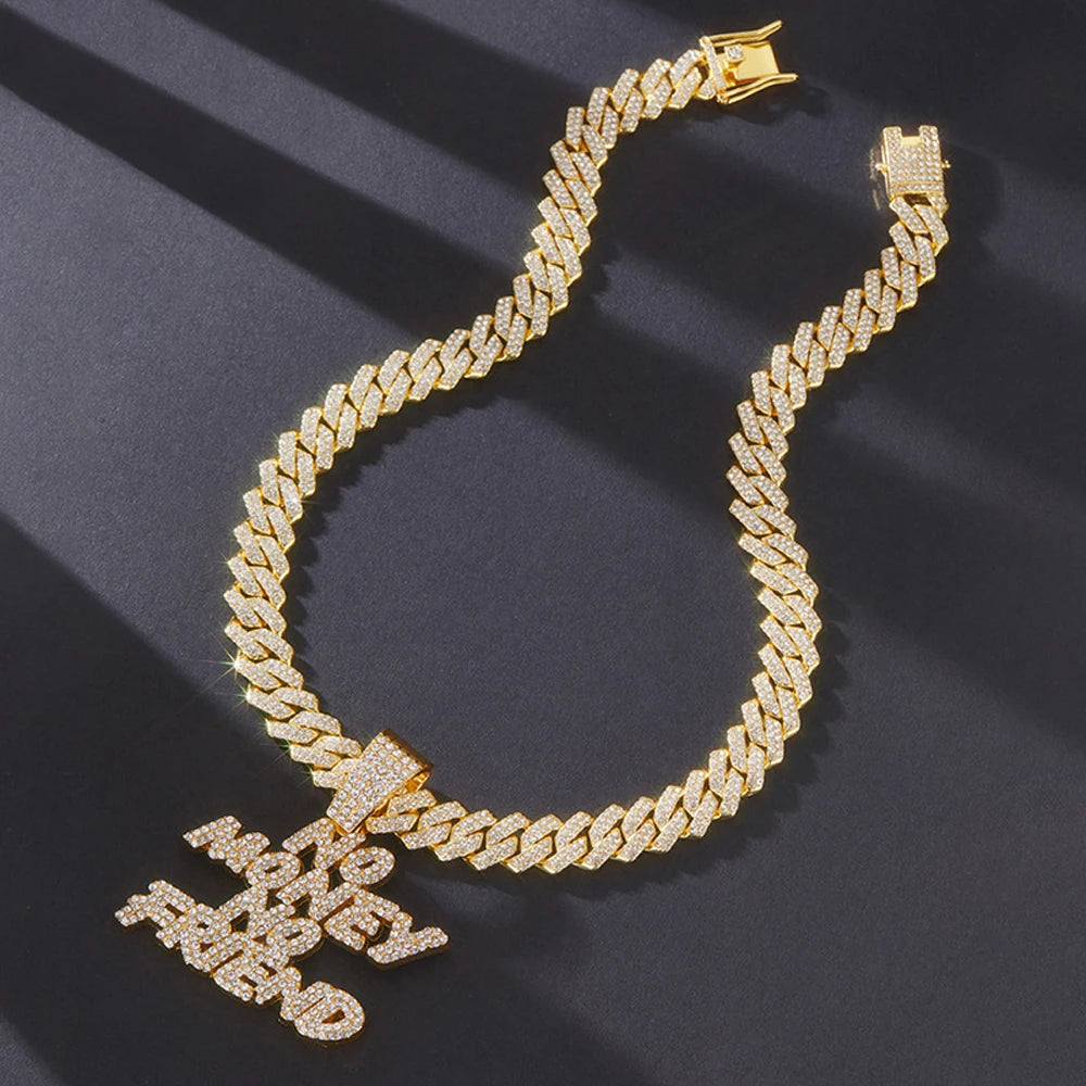 Men Women Hip Hop NO Money No Friend Pendant Necklace with 14mm Cuban Chain HipHop Iced Out Bling Necklaces Fashion Jewelry Gift