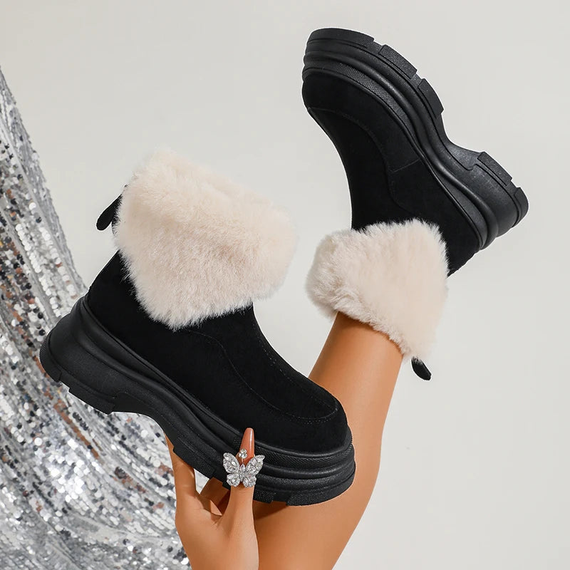 Faux Fur Thick Sole Ankle Boots Women Autumn Winter Warm Short Plush Fluffy Snow Boots Woman Non Slip Back Zippers Short Booties