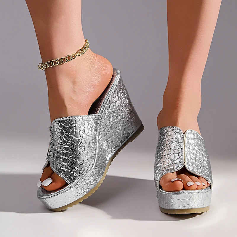 Women's Gold Wedges Sandals Summer 2026 Fashion Peep Toe Thick Platform Sandles Women Plus Size 42 Chunky Heels Slippers Woman