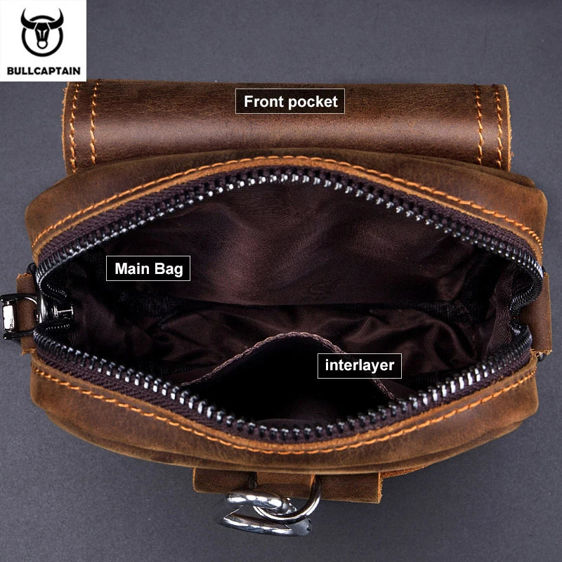 BULLCAPTAIN Crazy Horse Leather Men's Waist Bags Multifunctional 7-inch Mobile Phone Bag Bag Male Shoulder Messenger Bages Brown