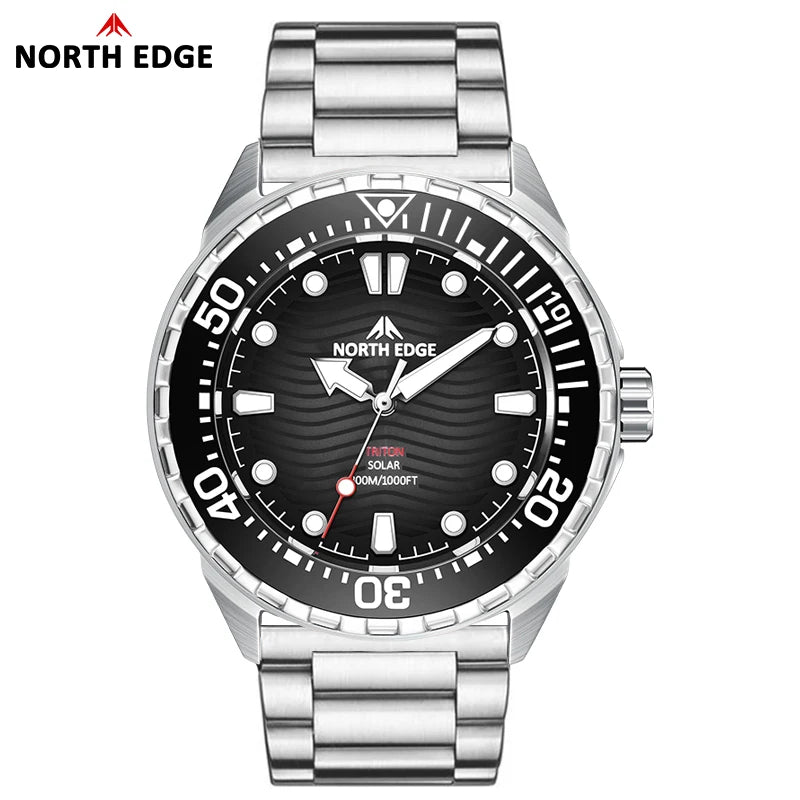 NORTH EDGE TRITON 2025 Solar Dive Watch Men Quartz 316L Steel 300M Waterproof