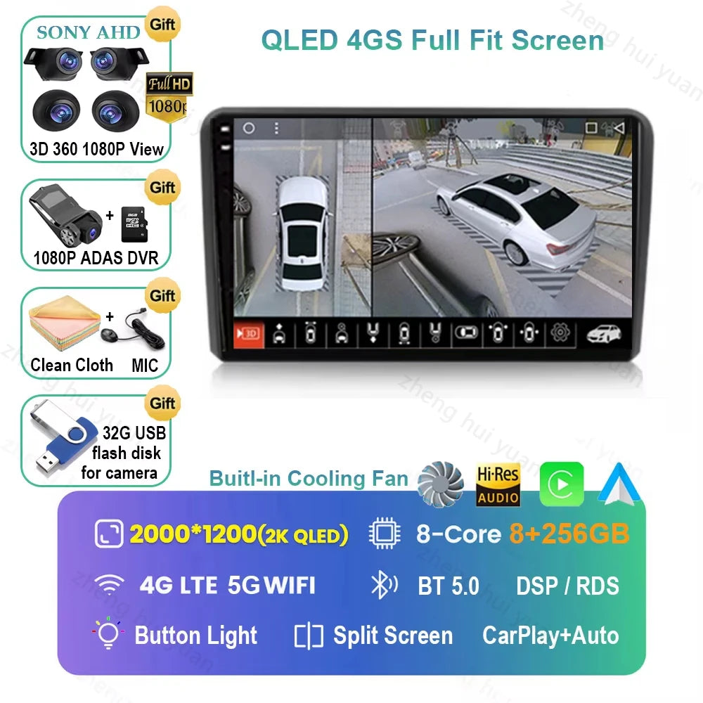For Audi A3 8P 2003 2004 - 2013 Android 16 GPS WIFI 4G Carplay&Auto Car Radio Navigation QLED Multimedia Stereo Player BT