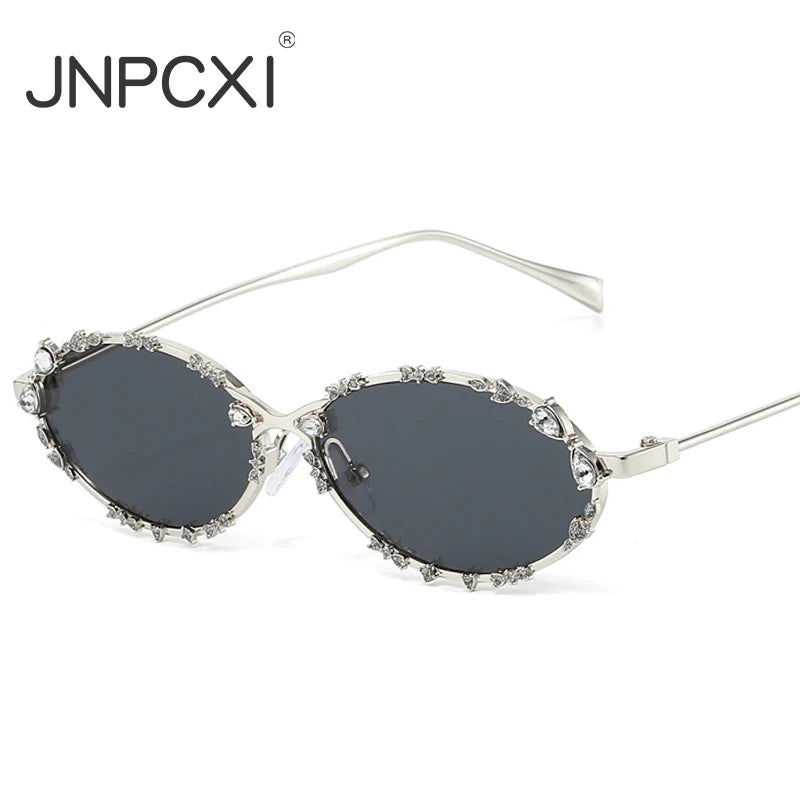 JNPCXI Retro Oval Punk Diamond Women Sunglasses Fashion Silver Shades UV400 Men Trending Sun Glasses