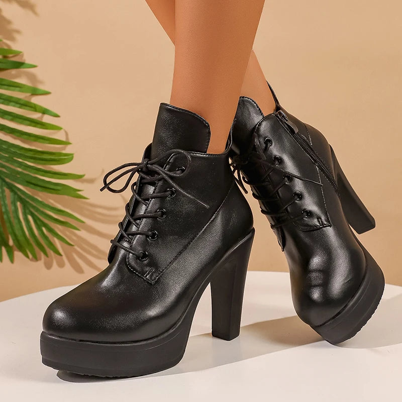 Black Lace Up Super High Heels Ankle Boots Women Fashion Thick Heel Pu Leather Short Booties Mujer Chunky Platform Boots 36-43