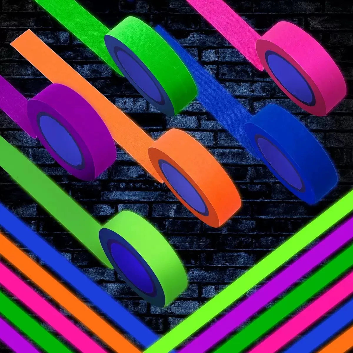 6roll Neon Cloth Tape - Self-Adhesive Fluorescent Neon Strips, Glow Under UV Light, for Black Light Parties & Night Glow Effects