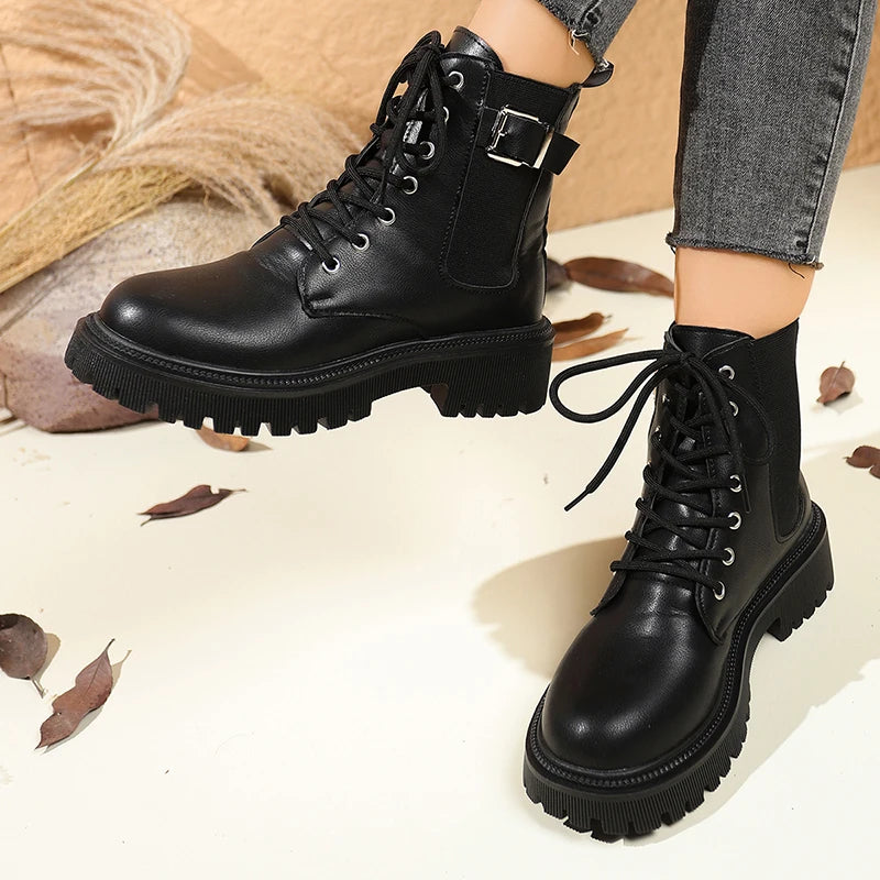 Fashion Buckle Platform Ankle Boots for Women Black Lace Up Thick Sole Motorcycle Boots Woman Plus Size Pu Leather Booties Mujer