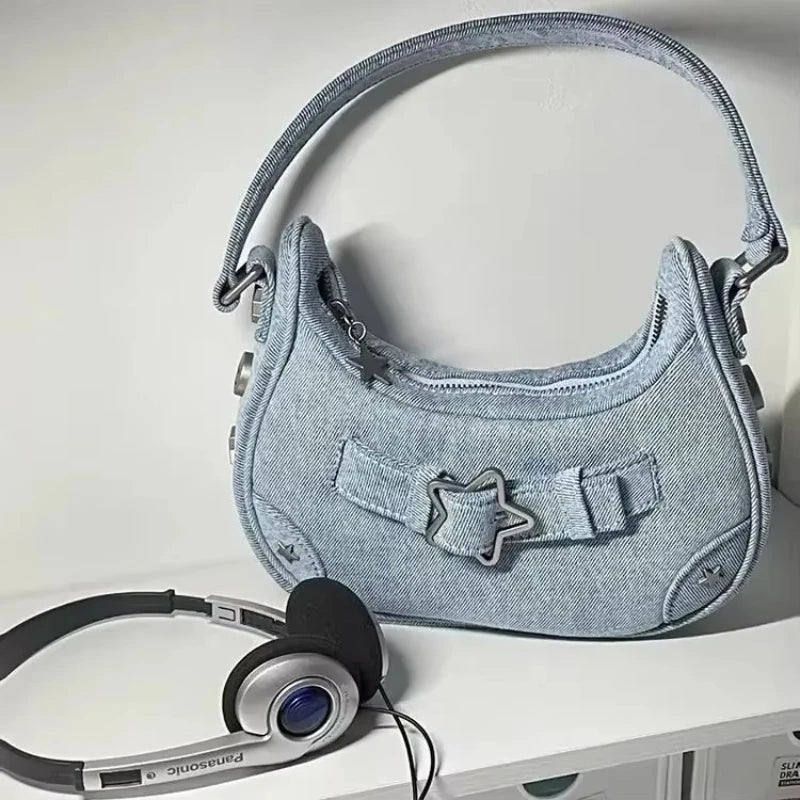 Y2K Korean Gothic Star Girl Black Handbag Harajuku Aesthetic Vintage Shoulder Crossbody Bag Trendy Women Messenger Tote Bags