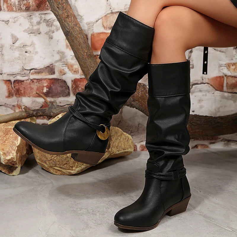 Slip On Thick Heels Knee High Boots Women Metal Decor Non Slip Pu Leather Boots Woman Plus Size 36-43 Retro Long Botas Mujer