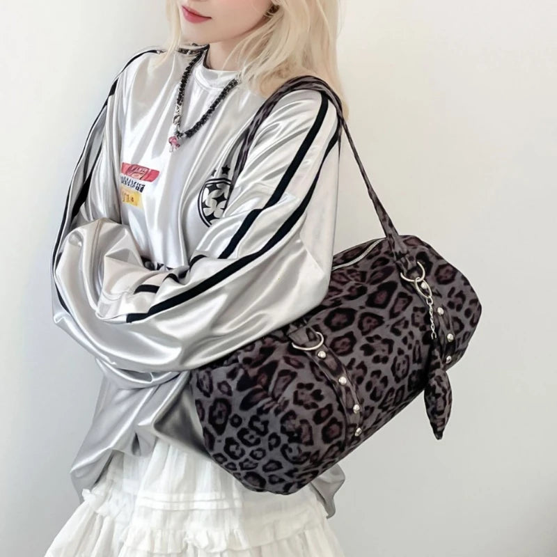Fashionable Large Capaci oulder Bag Underarm Star Leopard Print Spicy Girl Y2K Single Shoulder Bag Soft Nylon Women's Handbag