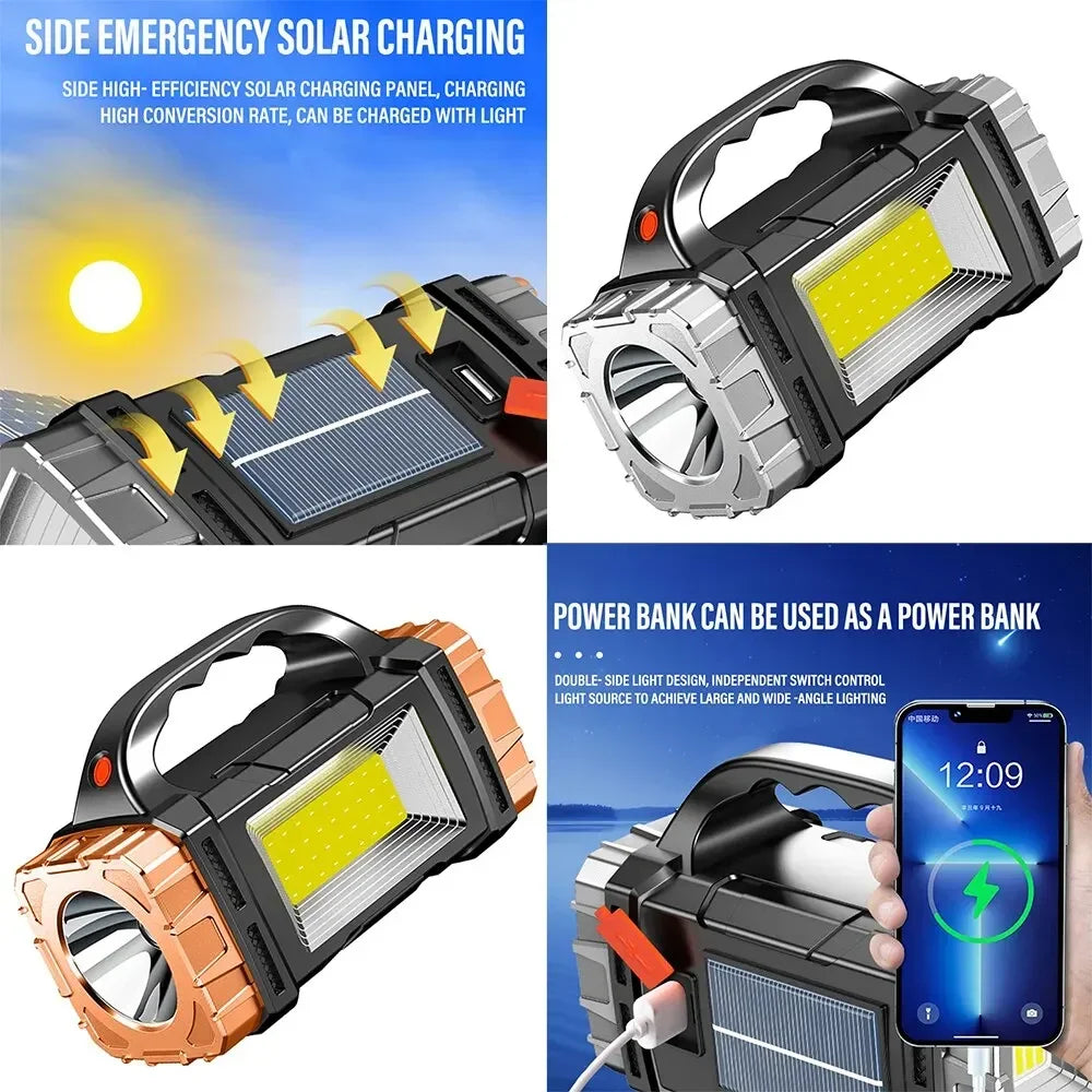 Powerful LED Flashlight, USB/Solar Rechargeable, COB Camping Torch & Power Bank