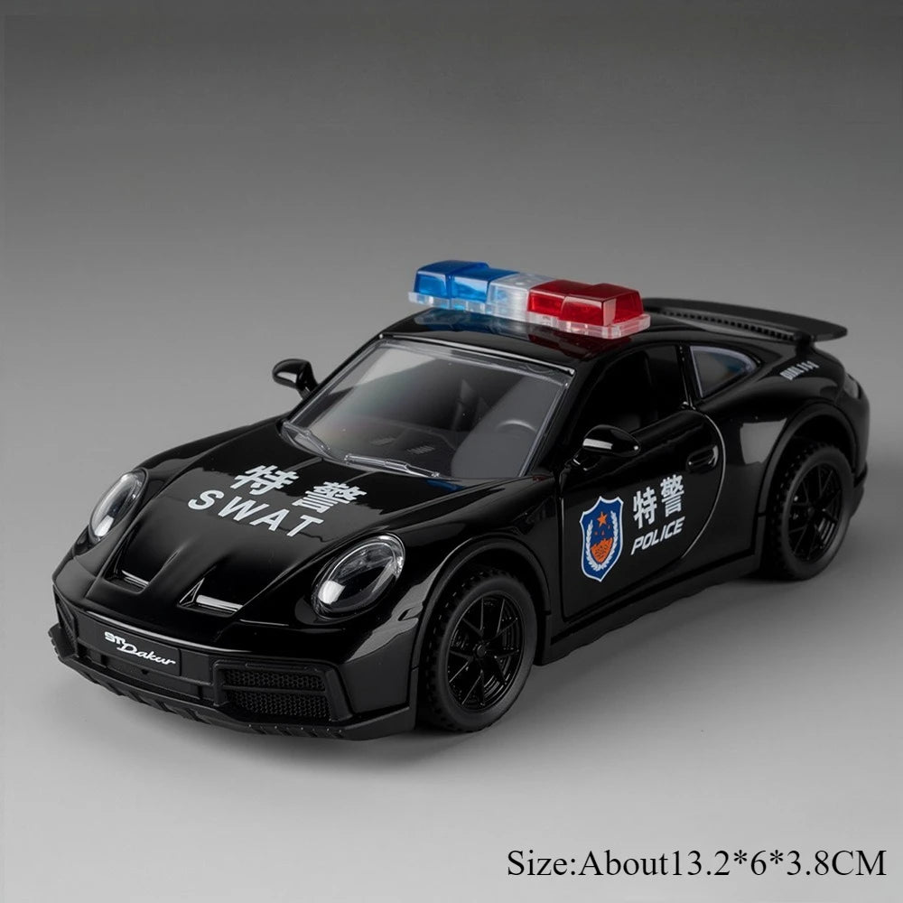 1:32 Charger 911 DaKar Alloy Police Car Model Miniature Toy Rear Wheel Return Force Light Music Door Opened Vehice Boy Xmas Gift
