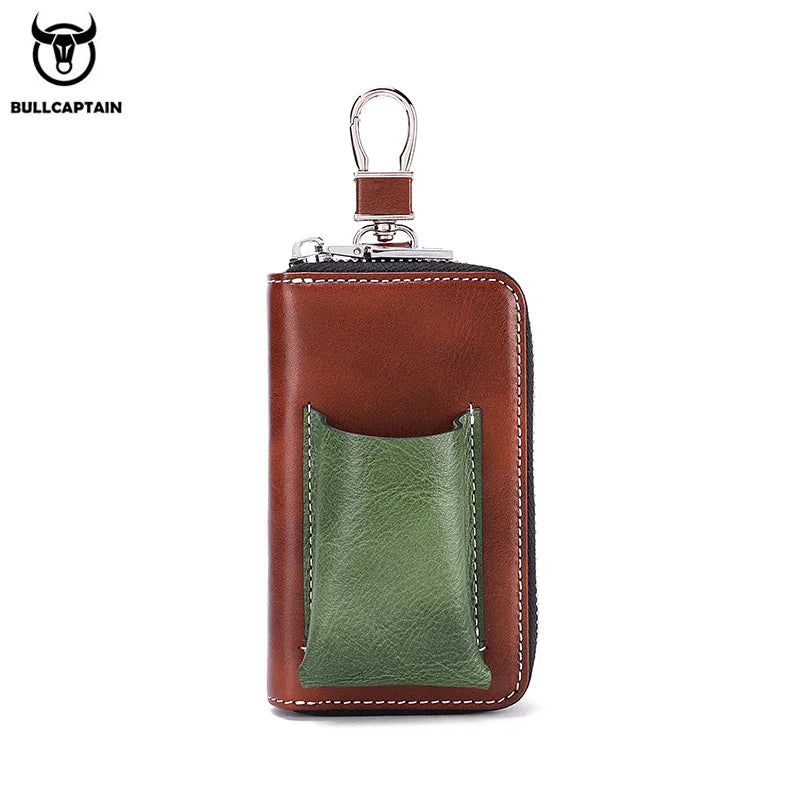 BULLCAPTAIN Men's Genuine Leather Key Case New Home Car Key Clip Men's Leather Key Case Mini Practical Key Chain Zipper Key Case