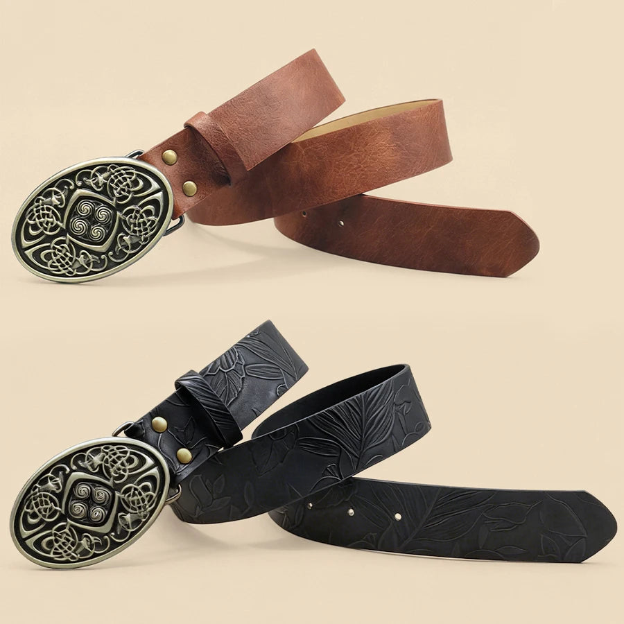 Vintage Celtic Knot Buckle Leather Belt - Embossed Brown/Black Fashion Waist Strap for Men & Women