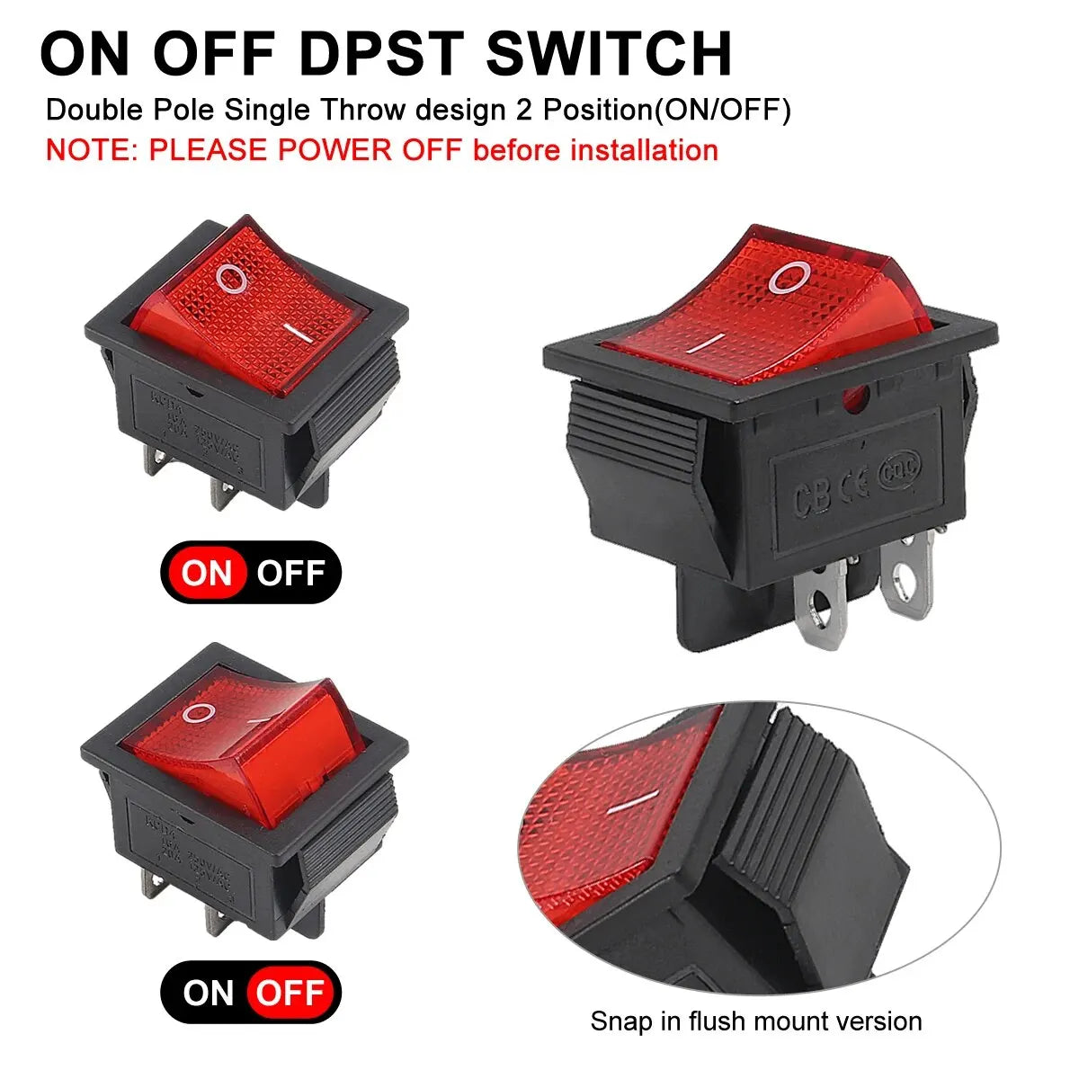 10/20pcs 15/30A 250V KCD2 KCD4 Rocker Switch DPST 4 Pin Red Lighted 120V Rocker Toggle Switch ON Off Heavy Duty