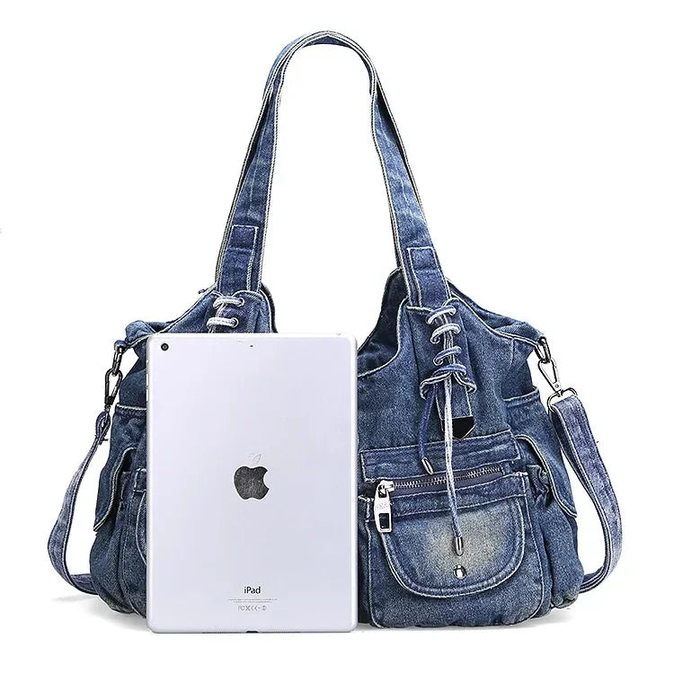 Casual Hobo Denim Bag Women Shoulder Bag Jeans Multiple Pockets Tote Handbag