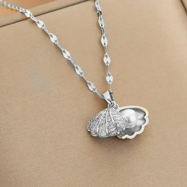 Stainless Steel Shell Pearl Pendant Necklace for Women 2025 Trend Luxury Crystal Zircon Necklaces Fashion Jewelry Birthday Gift