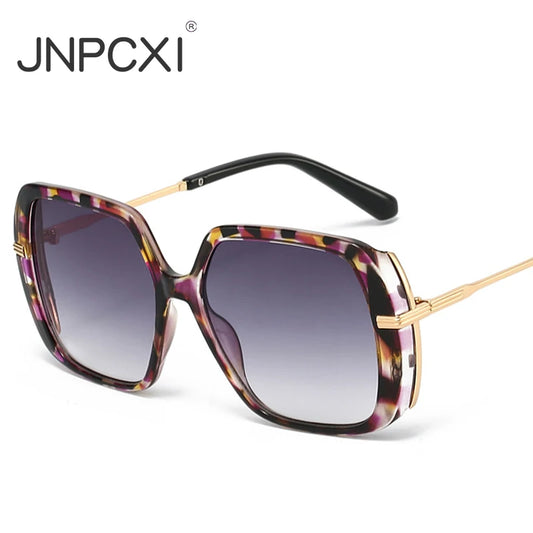 JNPCXI Retro Square Rivets Men Sunglasses Gradient Shades UV400 Fashion Green Leopard Women Clear Lens Frame