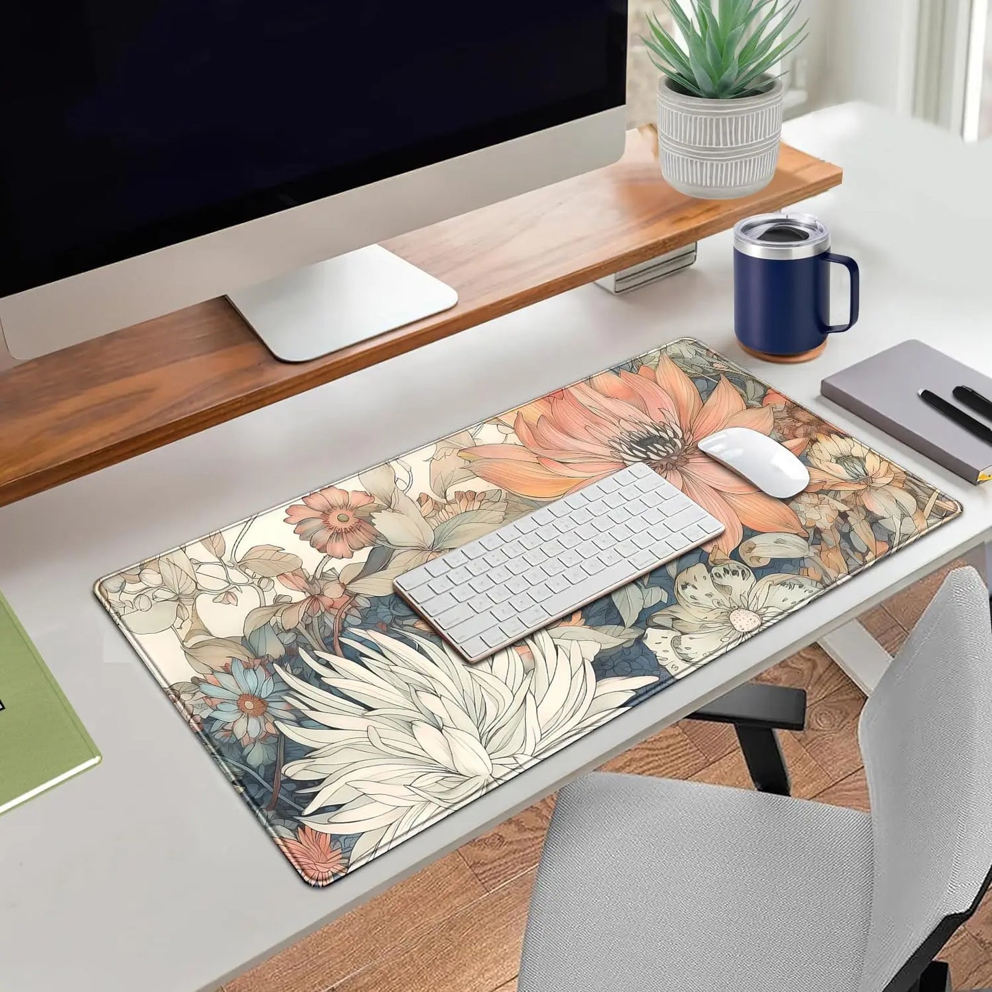 Japanese Floral Desk Mat Boho Aesthetic Flower Desk Matt for Desktop Large Gaming Mouse Pad for Deskpad Keyboard Mat Desk Decor